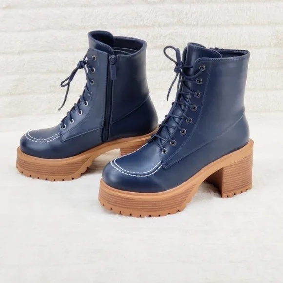 *Unilady Navy Blue Wood Look 3" Chunky Platform Combat Boots - Picture 5 of 7